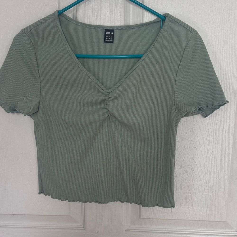 SHEIN Sage Green Ruched V-Neck Crop Top